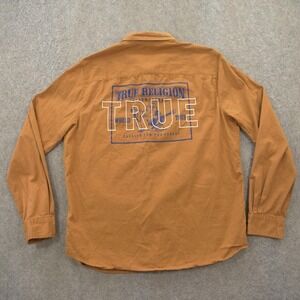 True Religion Shirt Mens Medium BrownButton Twill Long Sleeve Logo Print